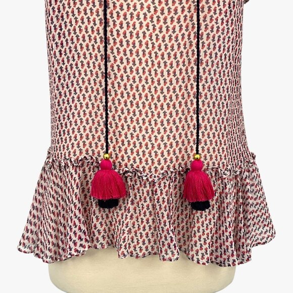 Figue Vera Tassel Top in Multi Red Ruffled Sheer Size S 100% Silk Sleeveless - Picture 3 of 9